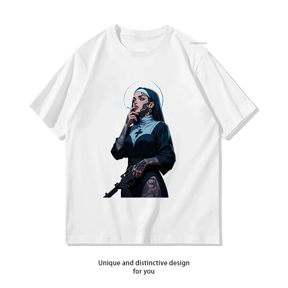 Nun Rebel Gun Tattoo Art  Casual Cotton Short Sleeve Tee for Men Women
