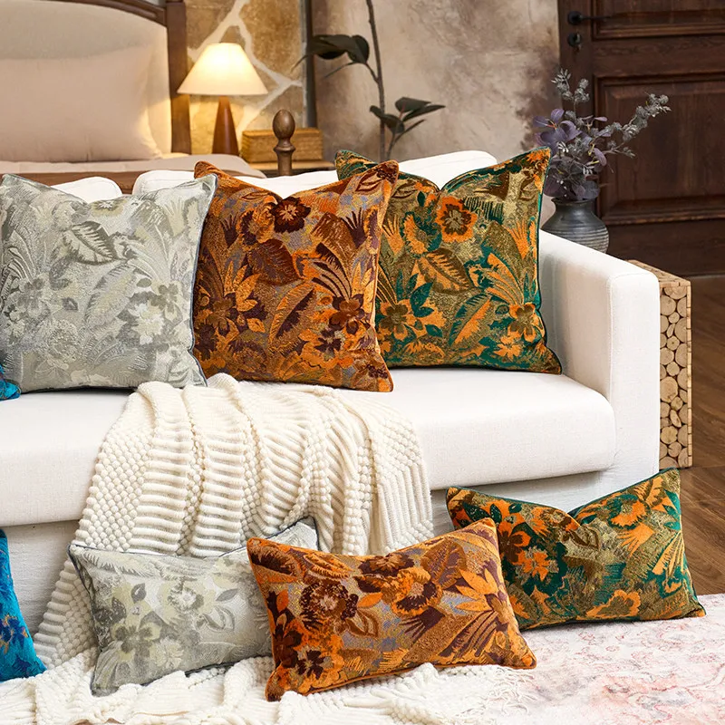 Flora Jacquard Pillows Luxury Velvet 3D Cushion Case Country Style Blue Decorative Pillow Cover For Sofa Chair Home Decorations