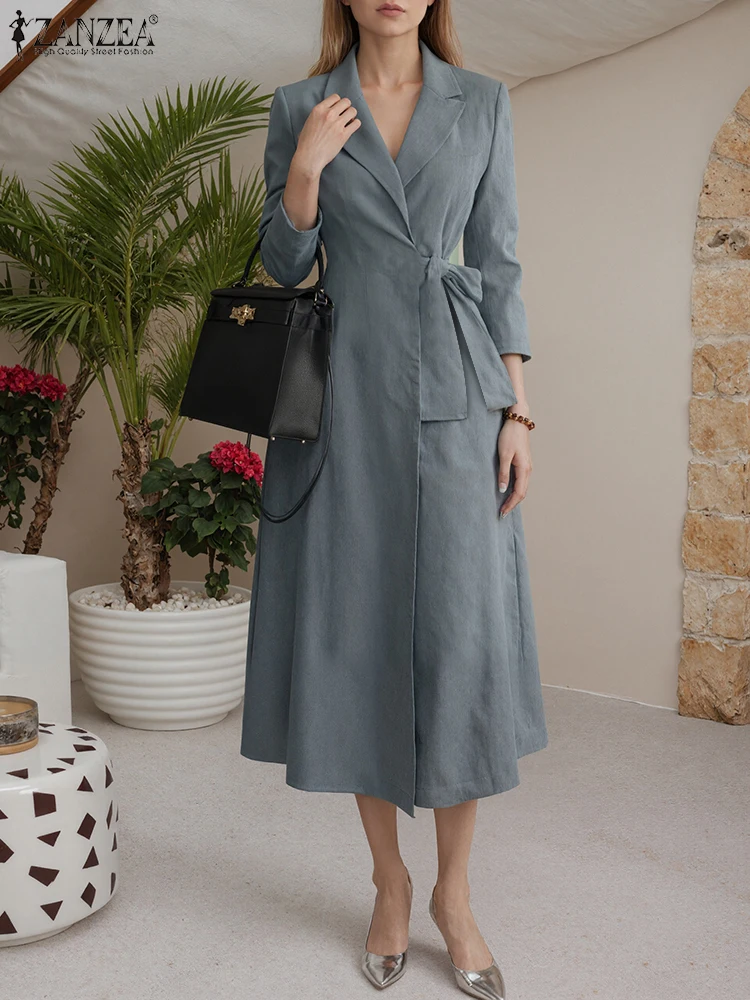 ZANZEA Jesienna Sukienka Garniturowa 2025 Elegancka Damska Biurowa Sukienka Vestidos Świąteczna Z Paskiem W Talii Jednolita Modna Długa Sukienka Midi