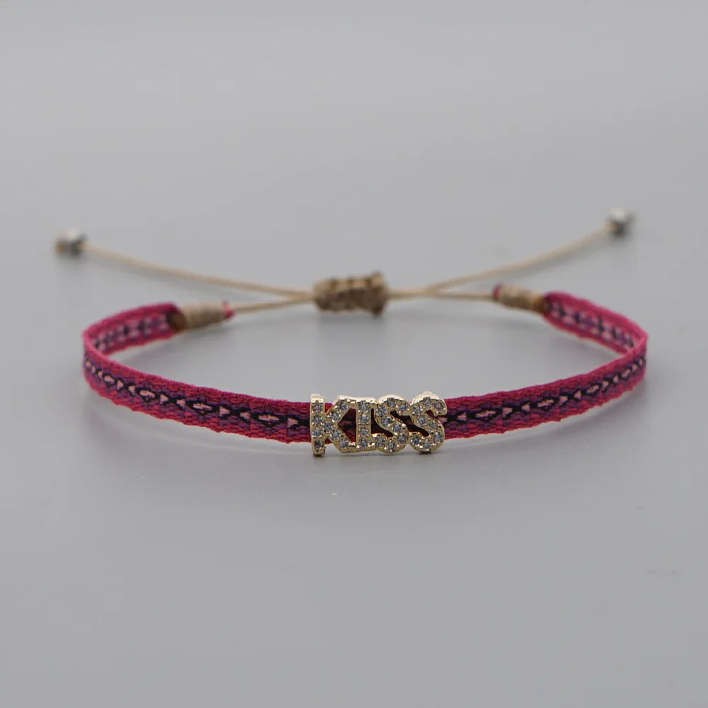 Handmade Cloth Fabric Bracelet, Braided Design & CZ Heart