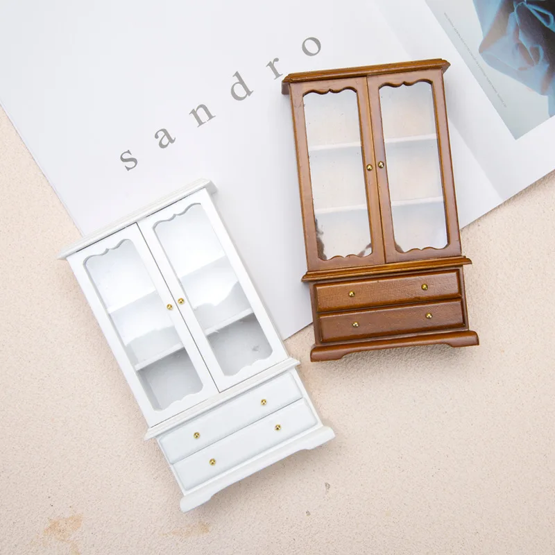 1:12 ドールハウスアクセサリー DIY シーン装飾ミニ木製リビングルーム家具 3 両開きドア本棚ディスプレイキャビネットモデル