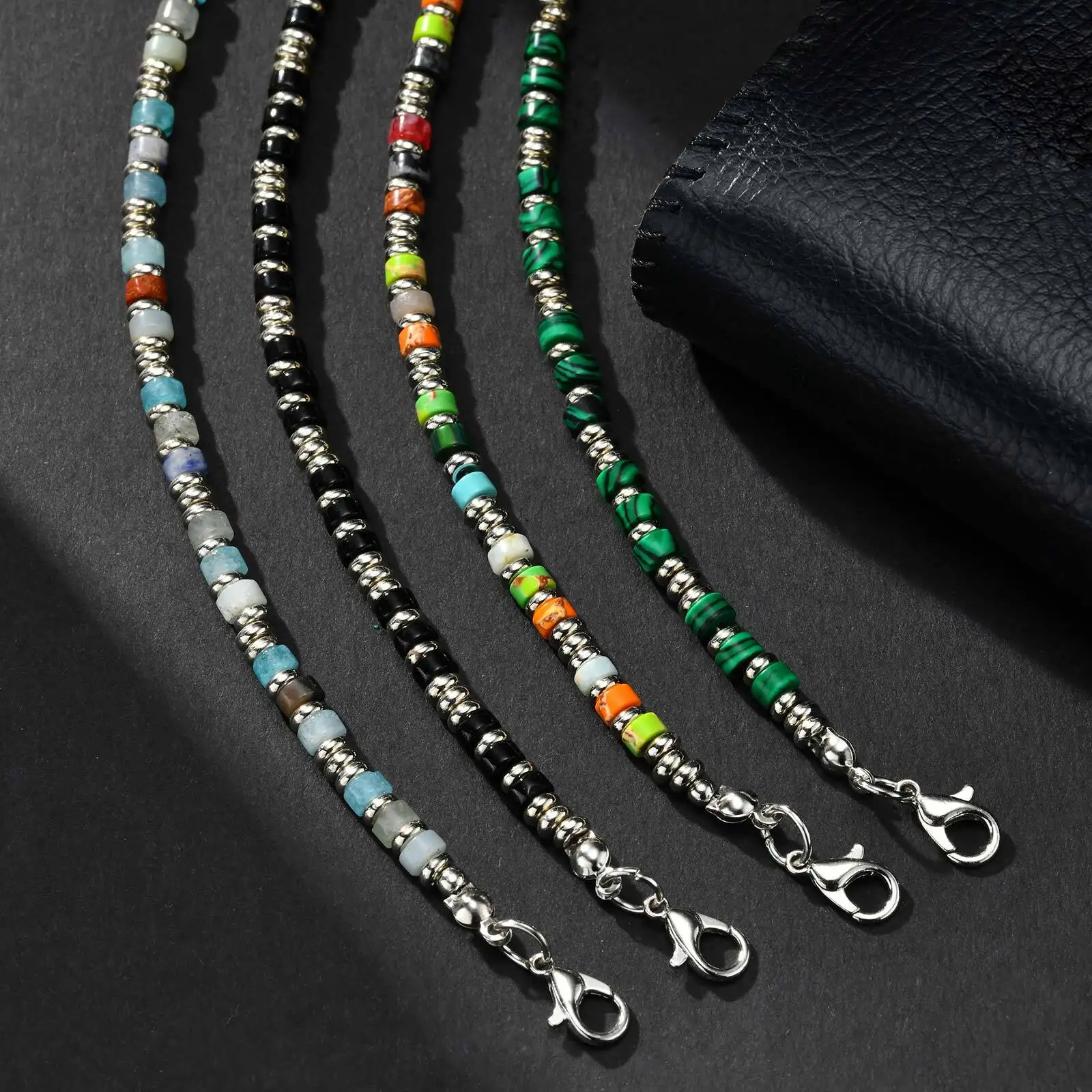 Men's Crystal Wheel Beads Bracelet,4mm Natural Stone Metal Wheel Beaded Bracelet,Adjustable Wristband Gift view 5