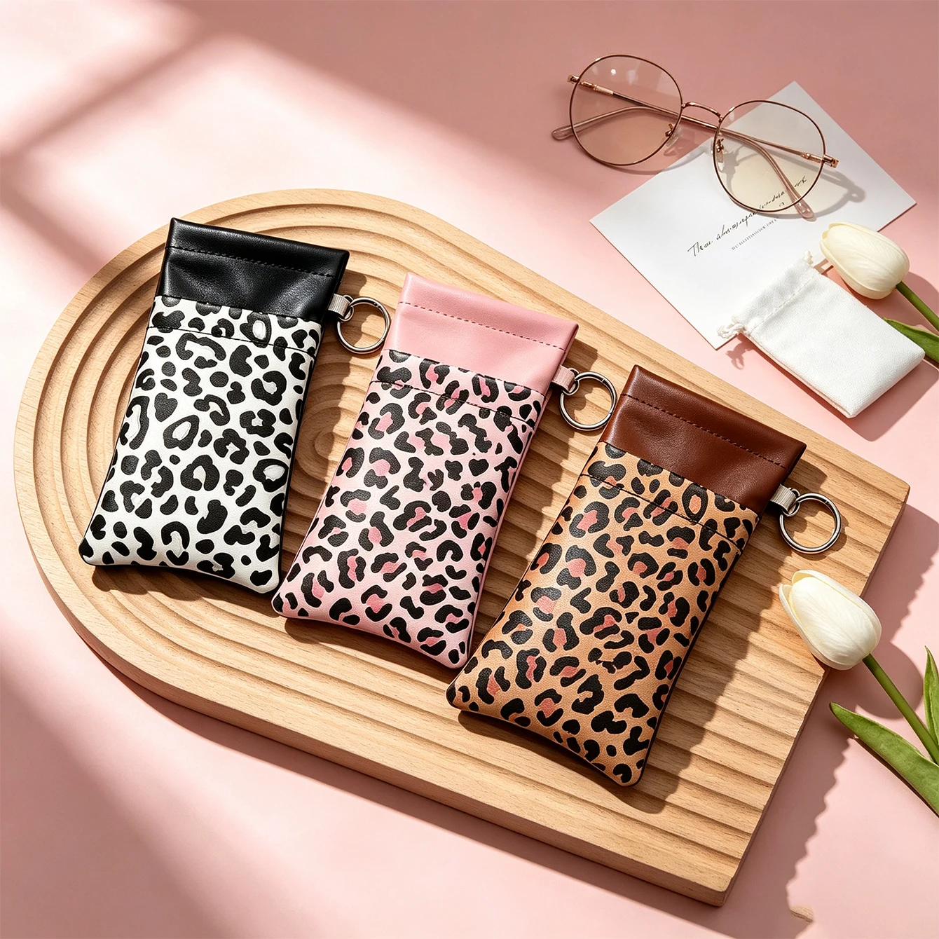 1pc Leopard Print Squeeze Auto Close Eyeglasses Pouch PU Leather Portable Sunglasses Case with Keychain Ring for Unisex Daily