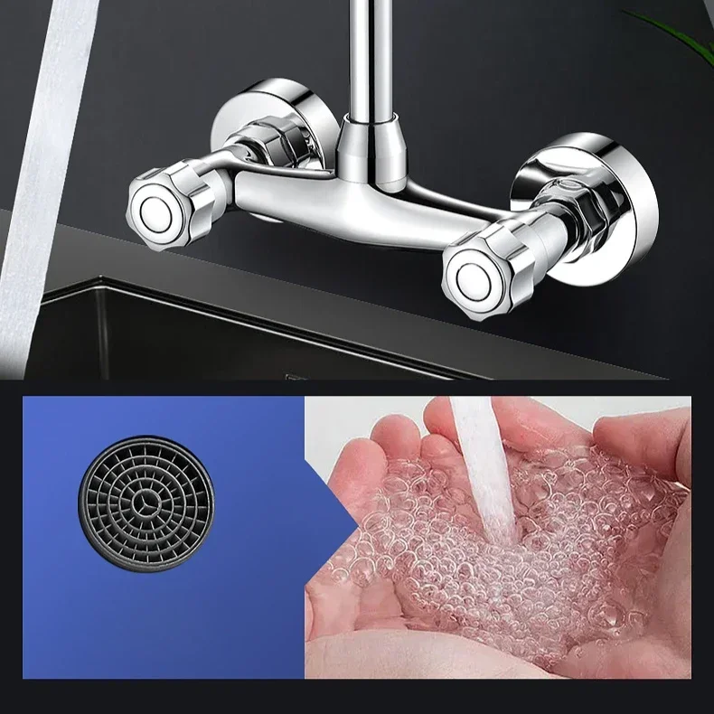Kitchen Faucet Wall Mounted Sink Basin Mixer Tap Bathroom Faucets Hot Cold Double Handle Rotation Faucet Splash Proof Faucet