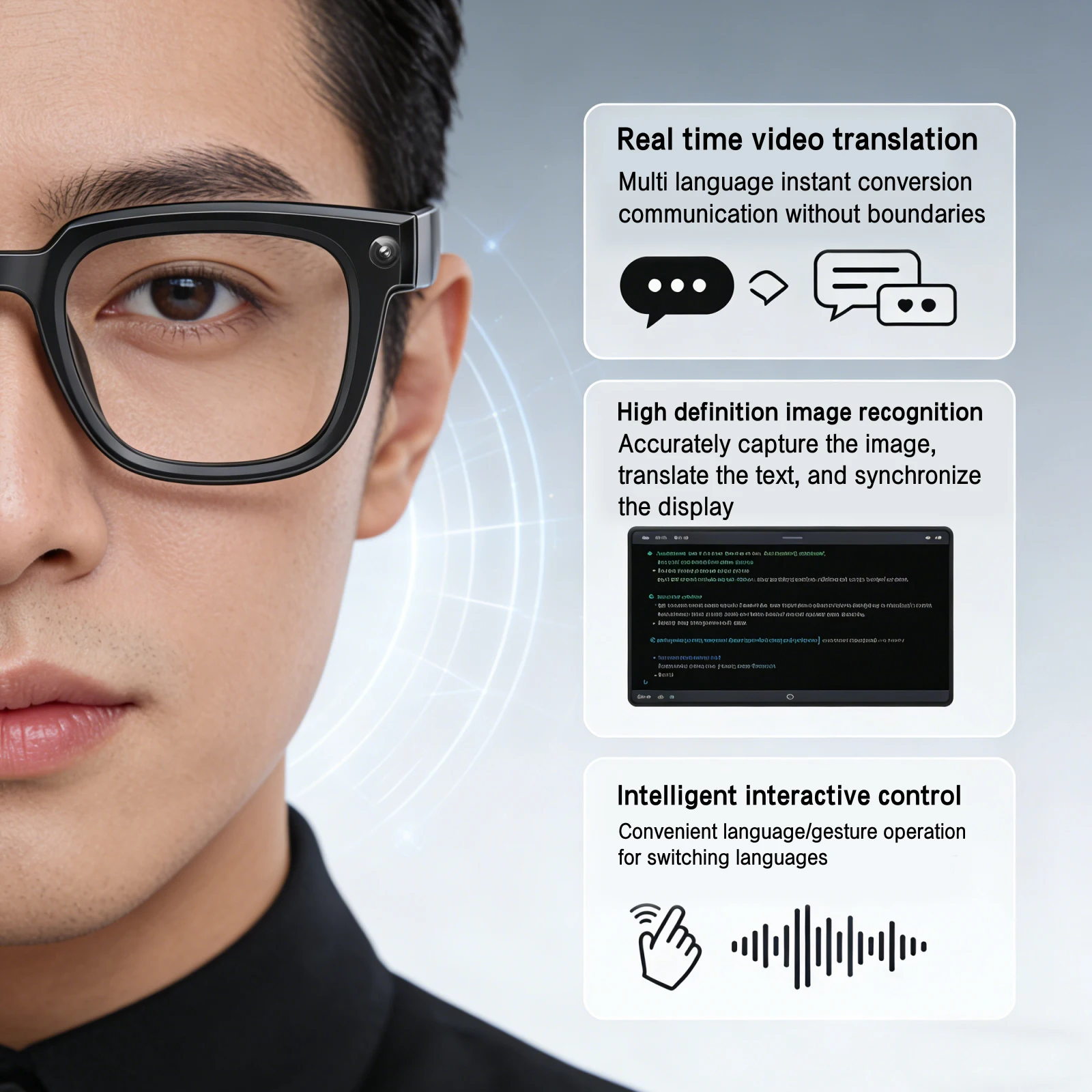AI Smart Glasses 8MP HD Camera Video Recording Real-Time Multi-Language Translation Bluetooth Audio Earphone Hands-free Music