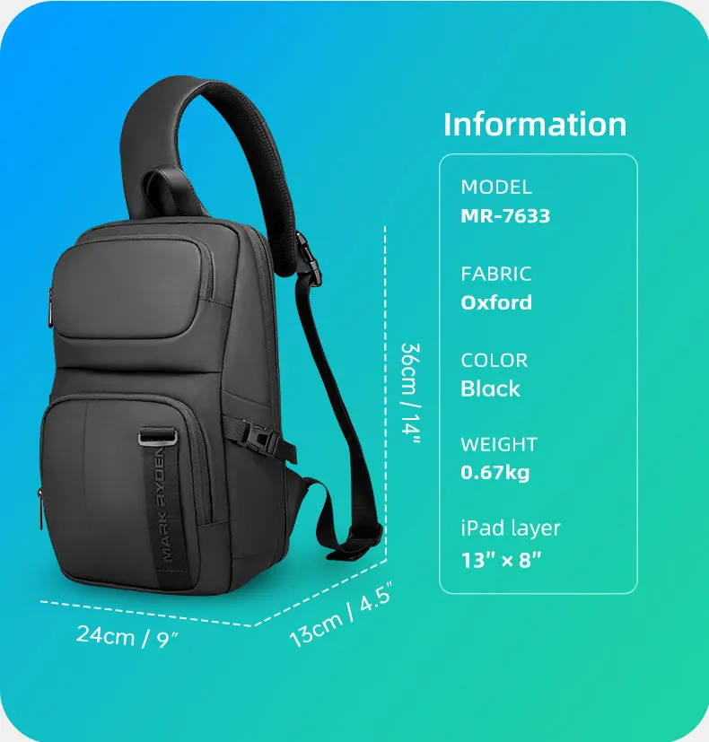 MARK RYDEN Crossbody Bag for 13.3" Pad RFID Anti-theft Messenger Shoulder Bag Water Repellent Short Trip Chest Bag Men Backpack