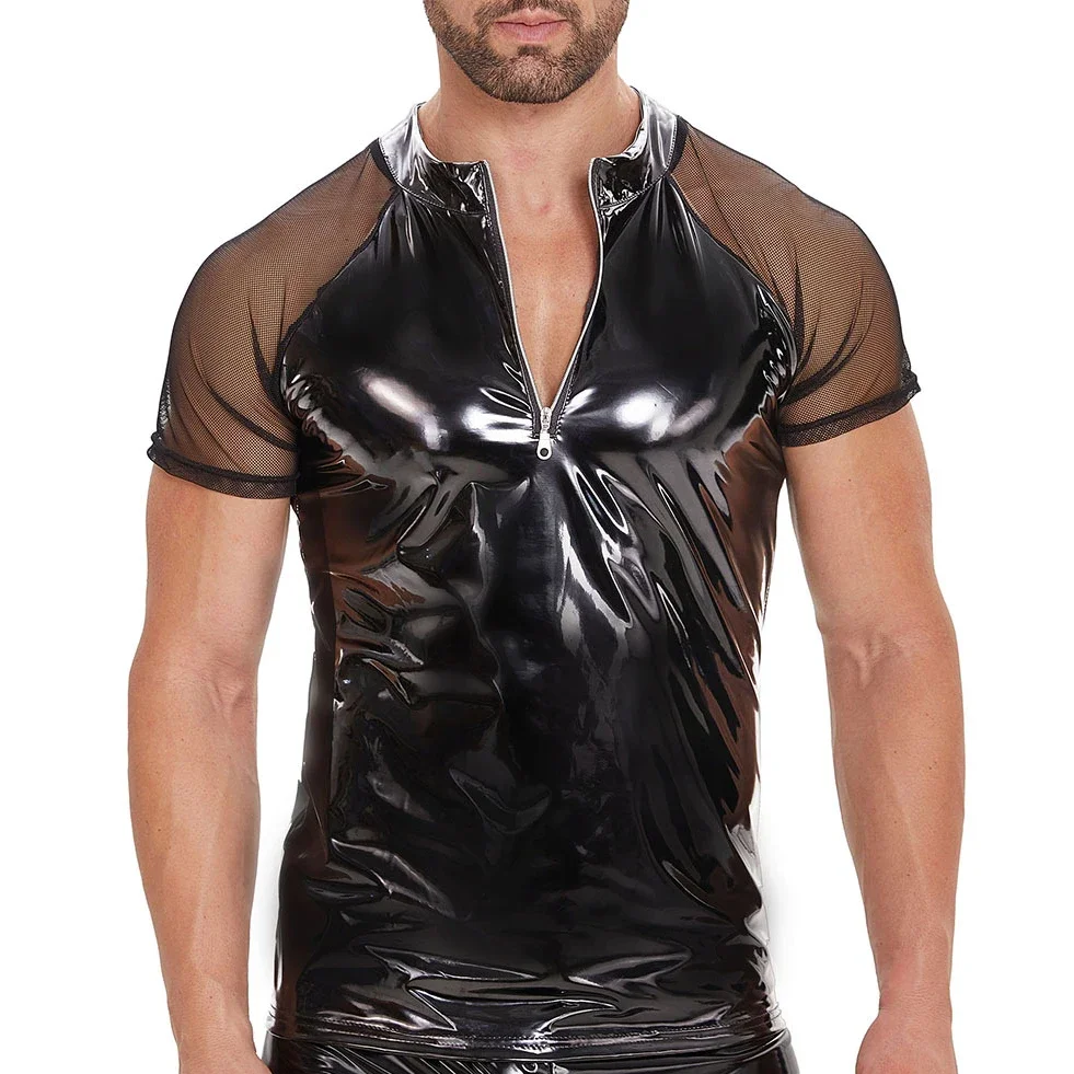 Men's Shiny PVC Leather Mesh Sheer Hipster T-shirts Sexy Short Sleeves Half Front Zipper Tops Wet Look Latex Slim Tees Clubwear