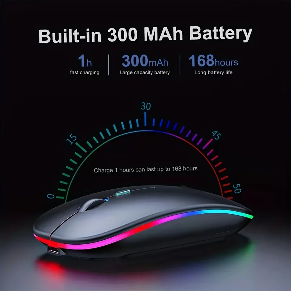 Wireless Rechargeable Mouse, Bluetooth With Type-C Adapter, Gaming Mouse With LED Backlight Suitable For MAC/Laptop/PC/Windows