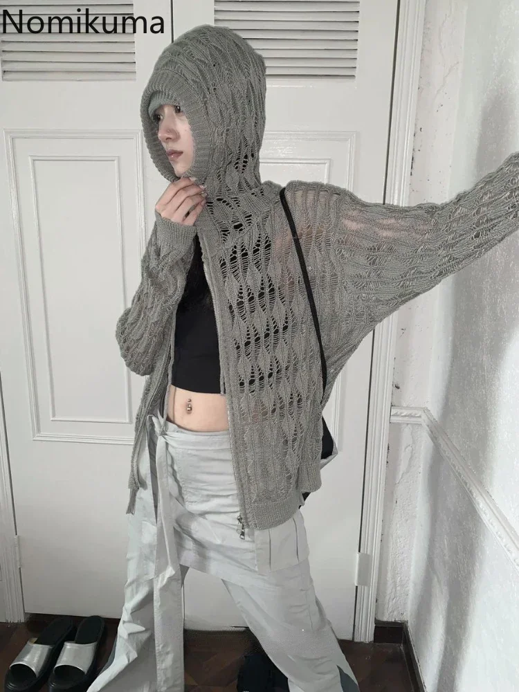 Pull à capuche côtelé Harajuku pour femmes, manteau évidé, veste mince, cardigan Y2K, vêtements à la mode, 2024