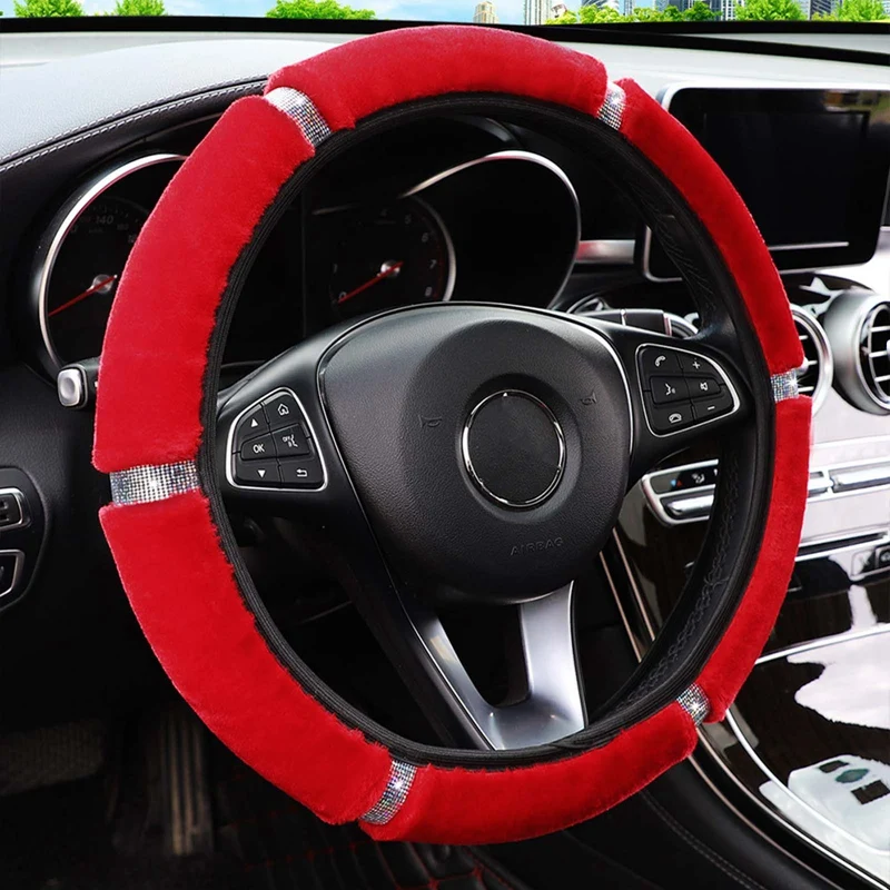 Car Steering Wheel Cover Gearshift Handbrake Cover Protector Decoration Warm Soft Plush Rhinestone Black Pink Women Man