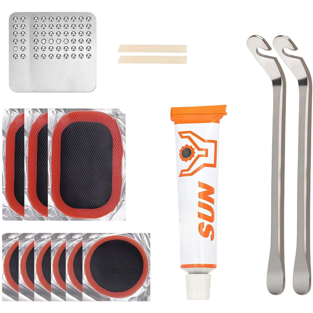 Ready to Go Bike Tire Repair Kit with Glue Free Patches Tire Levers Sandpaper and Valve Tools for Outdoor Cycling view 2