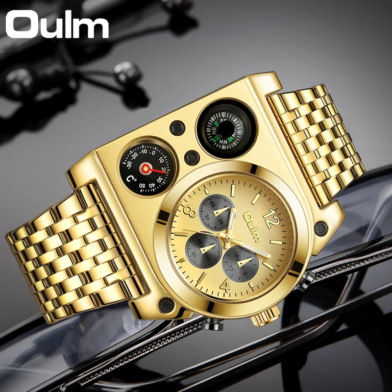 OULM Luxury Military Men Watches Compass Temperature Display Movement Three Time Clock Big Dial Quartz Business Men WristWatch