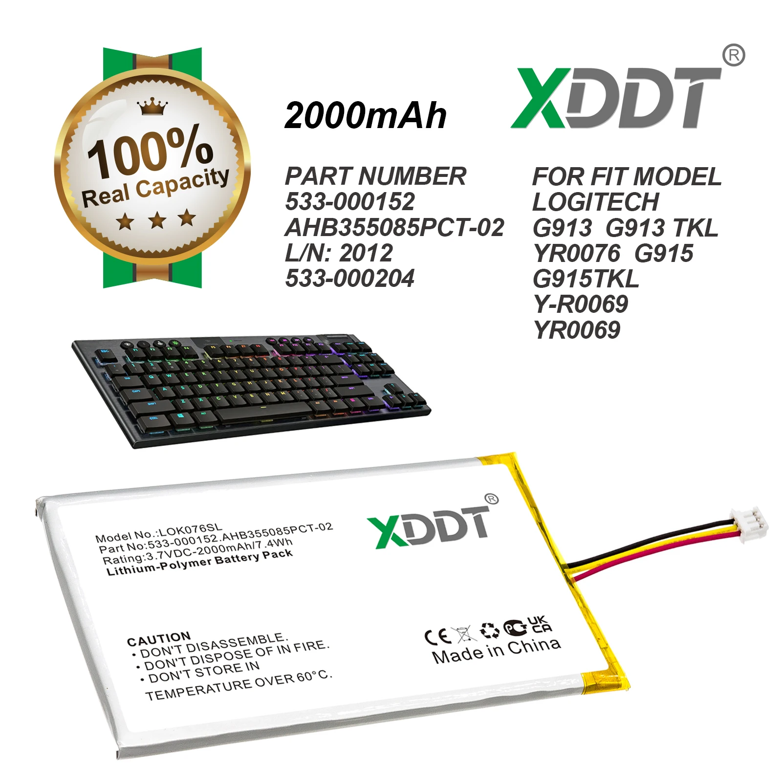 Keyboard Mouse Battery For Logitech 533-000152 533-000204 AHB355085PCT-02 L/N: 2012 G913 TKL YR0076 G915 G915TKL 2000mAh