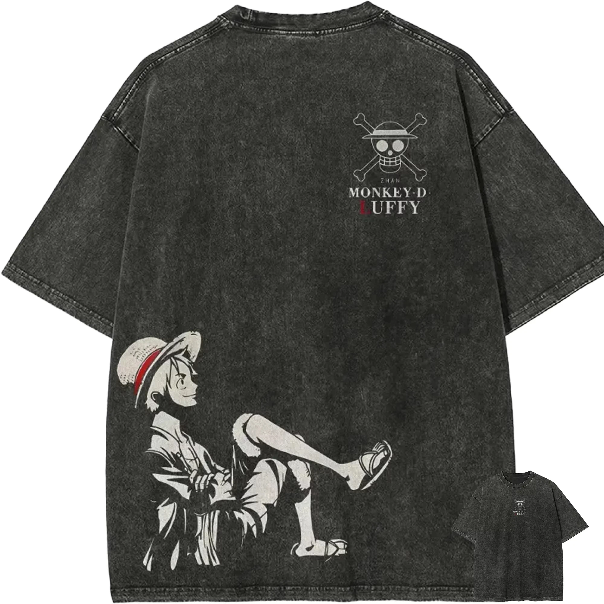 Monkey D. Luffy T-Shirt für Herren, One Piece, Acid Wash, Anime-Grafik, Baumwolle, Vintage Streetwear, lässig, lächelnder Luffy, seitlicher Print, T-Shirt