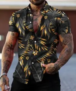 Men's Hawaiian Short Sleeve Shirt Black Golden Tropical Leaf Floral Print chic Casual Summer Beach Daily Top
