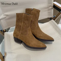 Mrxmus Dutit 2023 Autumn Winter Fashion New Women Genuine Leather Boots Rough Heel Pointed Head Simple Casual Vintage Female