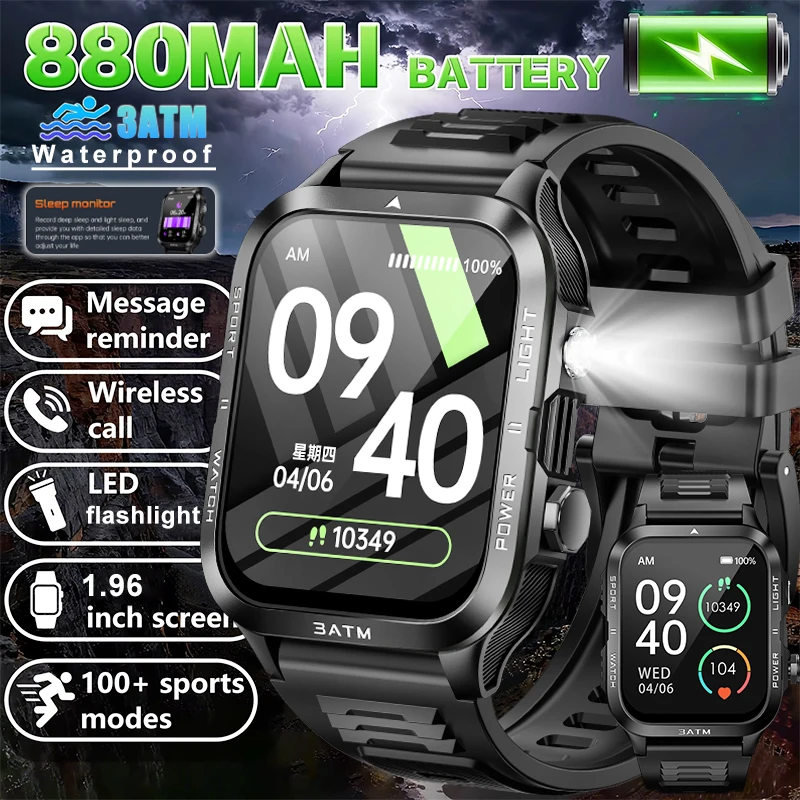 

Умные часы для мужчин с экраном 1.96 дюйма, аккумулятором 800 мАч, Bluetooth-звонками, 100+ спортивными режимами, водонепроницаемостью 3ATM, функцией отслеживания здоровья и LED-фонариком