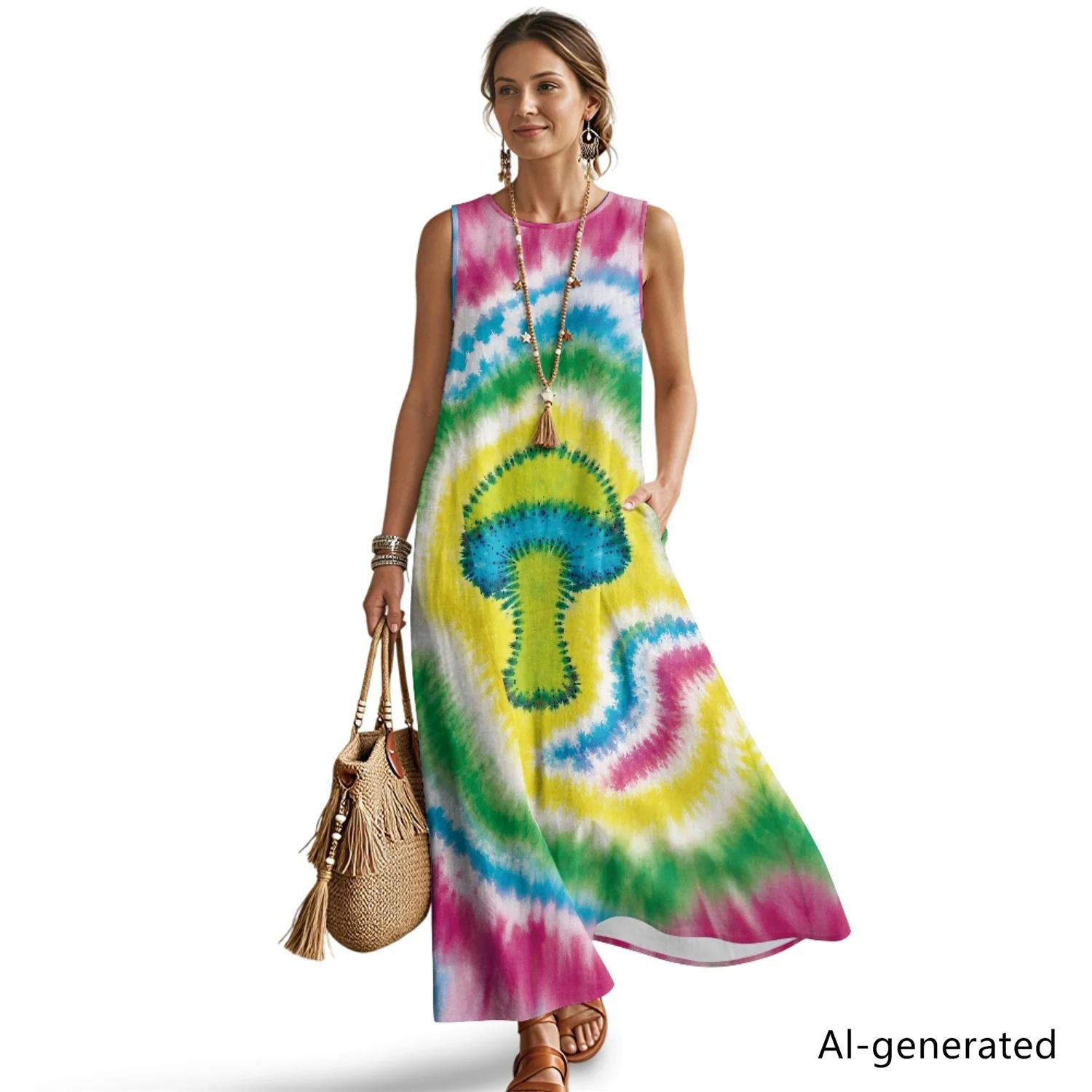 XIXIRIMIDO Women's Imitation Linen Sleeveless O-Neck Long Skirt with Pockets Colorful Mushroom Print Dress Holiday Vestidos
