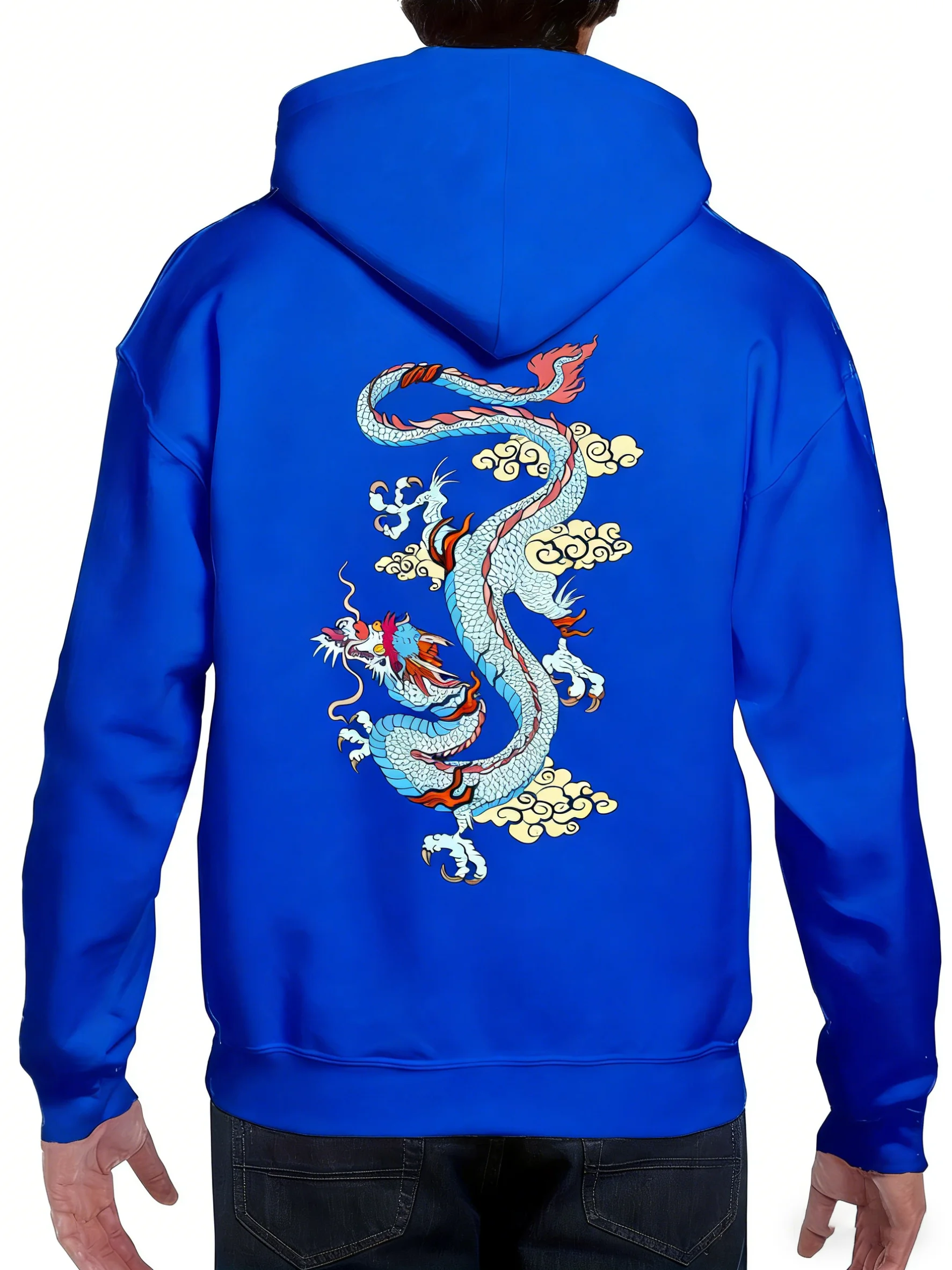 Men's Red Dragon Pattern Hoodie — Casual Polyester Pullover