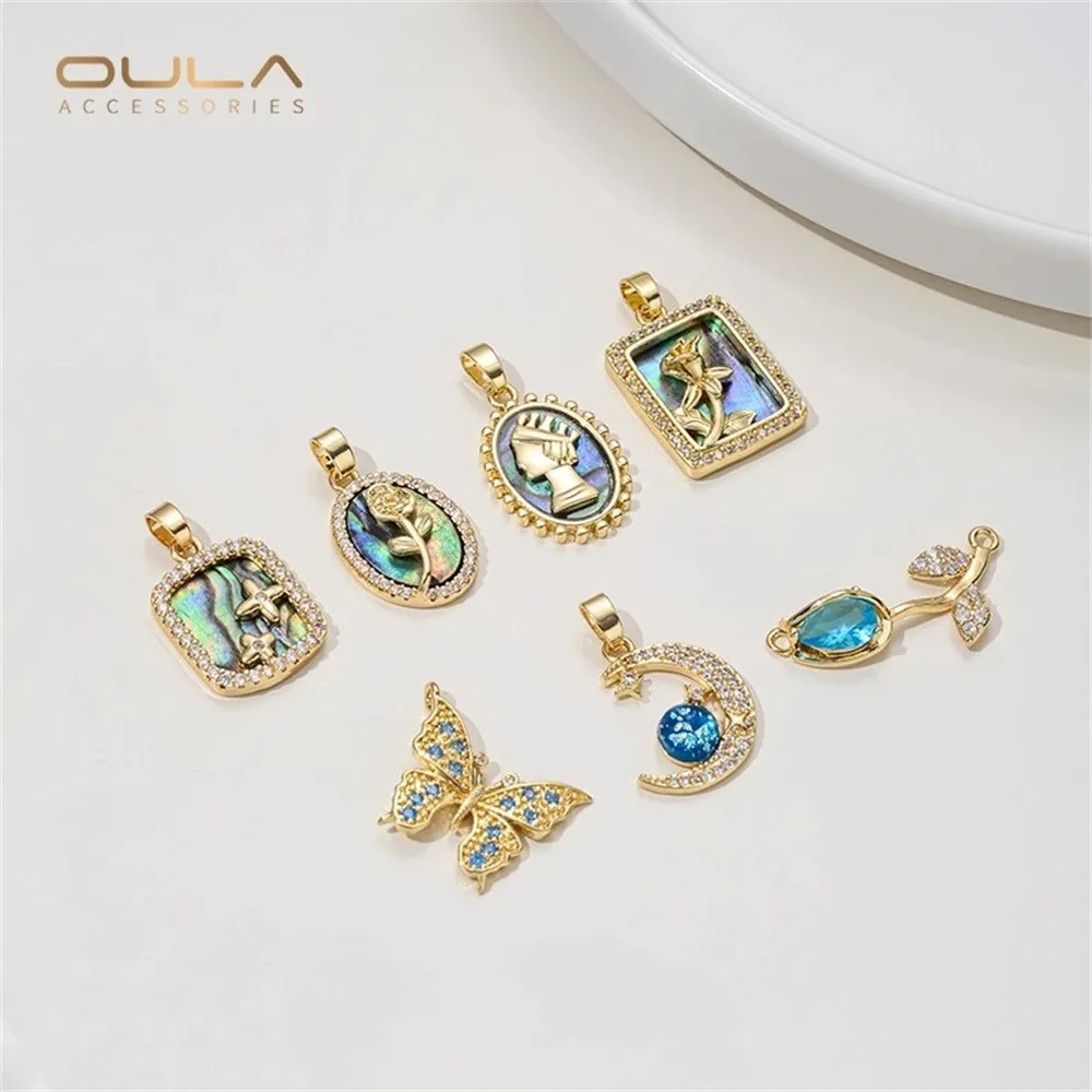 14K Light Gold Color-retaining Tulip, Abalone, Shell, Rose, Queen Blue Zirconium Butterfly Pendant Diy Jewelry Necklace Pendant