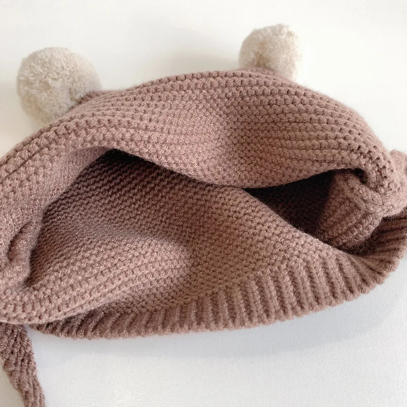 Pompon Baby Mütze Säugling Herbst Winter warme Häkel haube Kleinkind Gehörschutz Pullover Mütze Kinder einfarbige Strick mütze – Detail 3