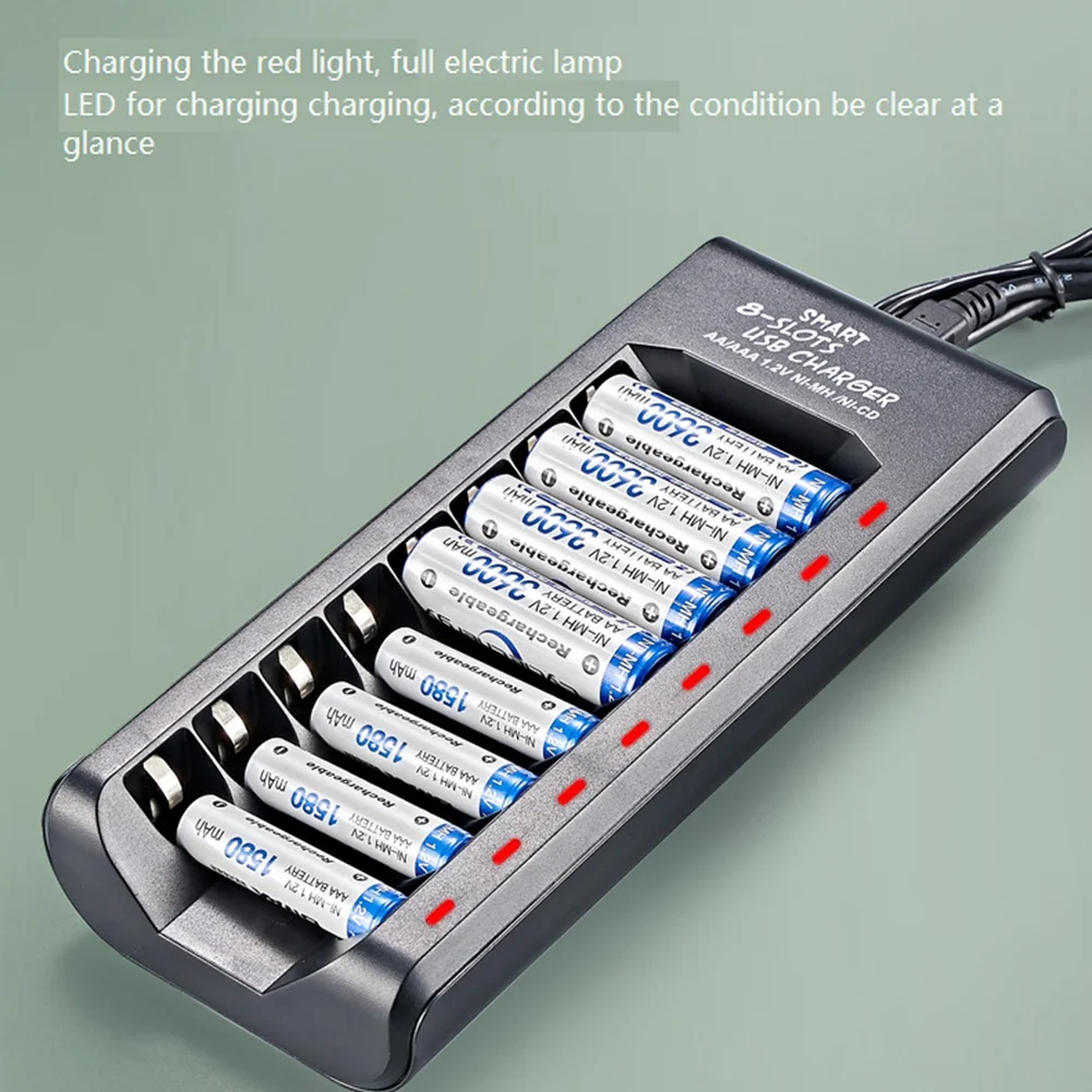 AA84 8 فتحة شاحن بطارية USB سريع مع مؤشر LED ضوء محول ذكي لبطارية 1.2 فولت AA AAA Ni-MH Ni-CD القابلة لإعادة الشحن