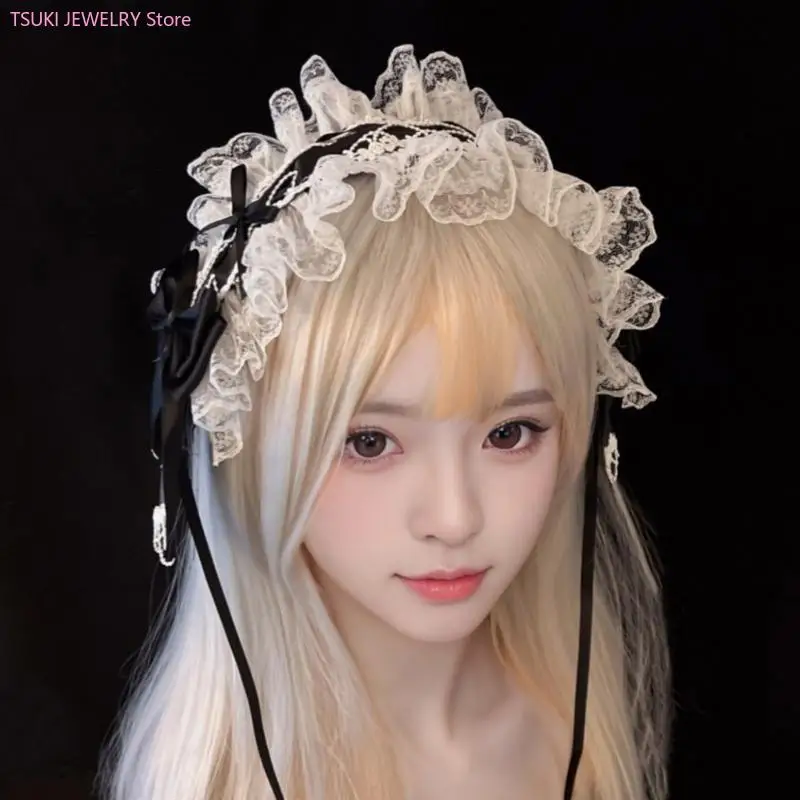 62KE Stijlvolle Lolita-hoofdband Gegolfd kant en strik Hoofddeksels Verstelbare haarbandaccessoire voor en feestkleding