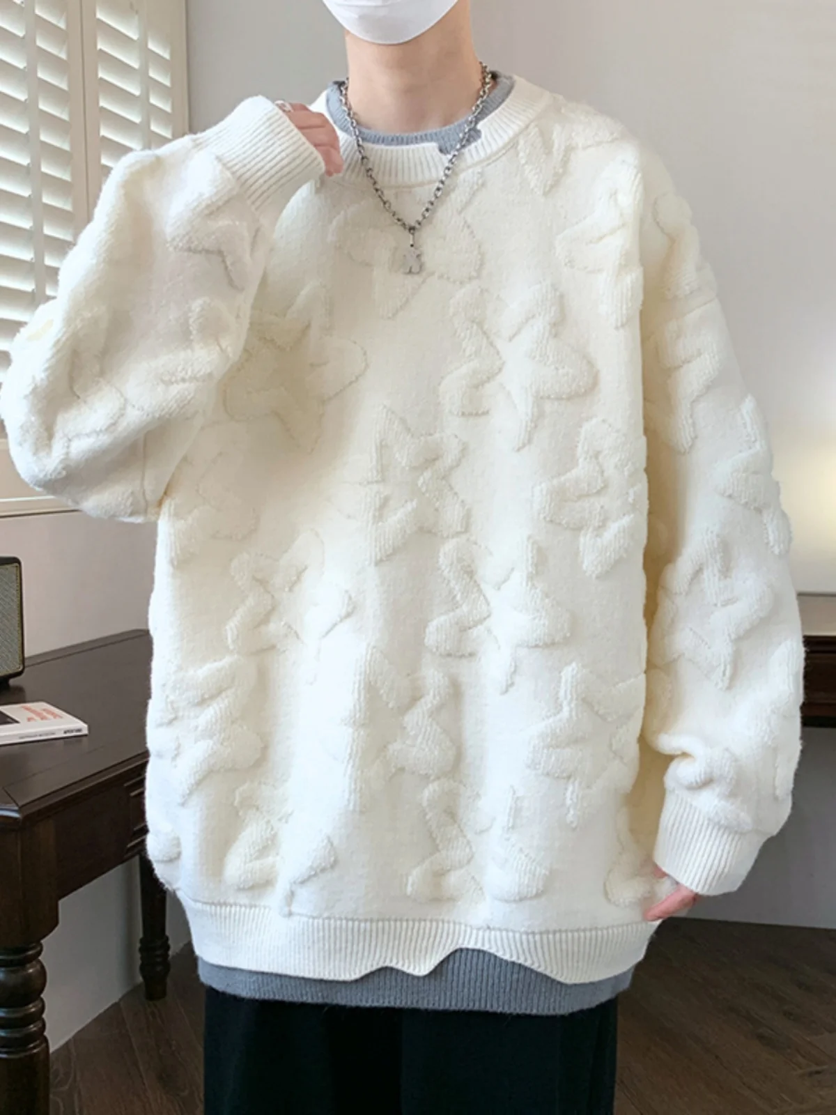 

Мужской зимний свитер свободного кроя с круглым вырезом, имитация двухслойности, повседневный, комфортный, в стиле lazy fashion, верхняя одежда