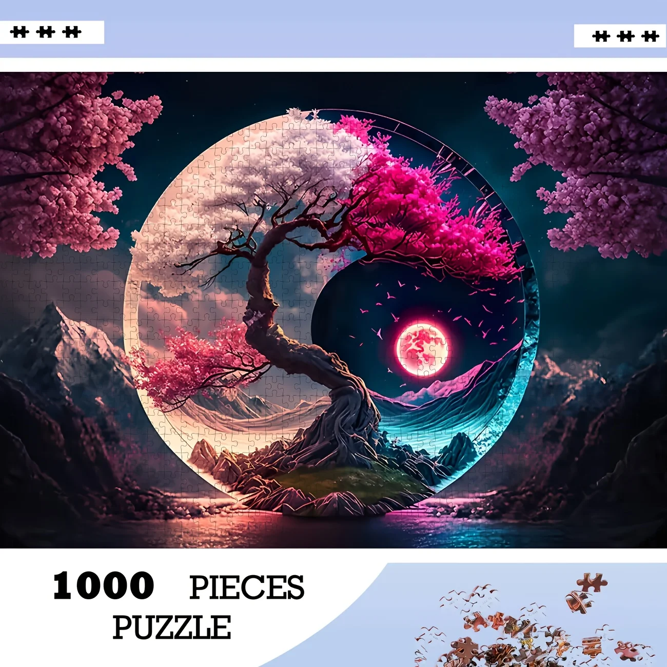 日本の桜をフィーチャーした陰陽樹パズル1000ピース、両面デザインで山と湖の風景が登場