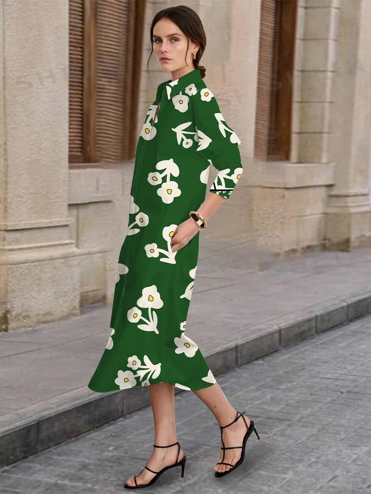 

2024 New Spring and Autumn City Daily Casual Women's Dress Long-Sleeved Lapel Dress Street Fashion Button-Down Dress 3D Printing