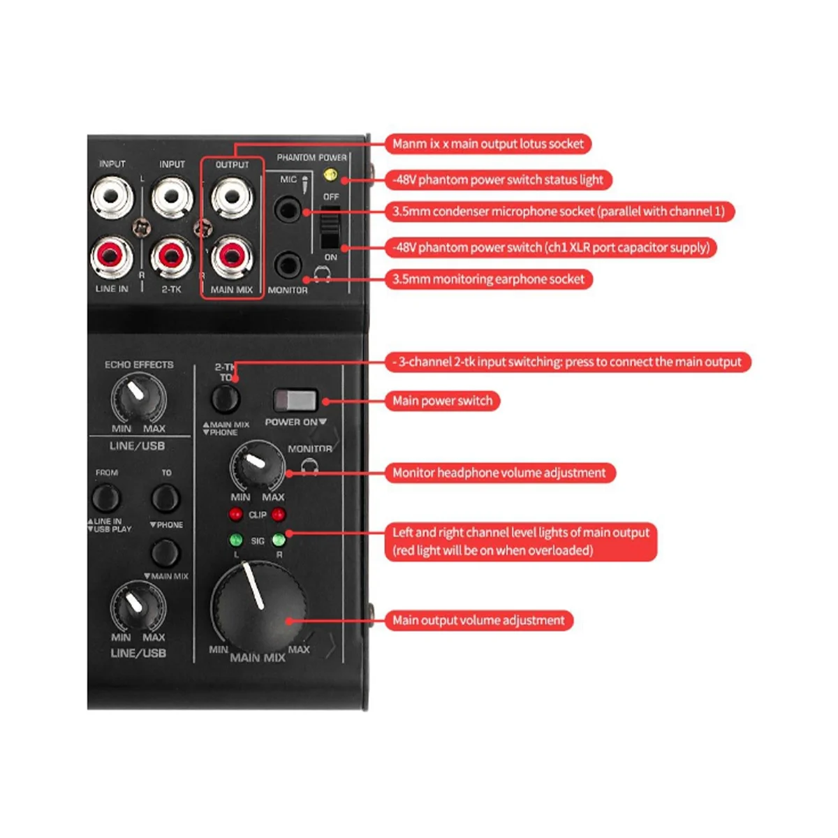 ABEP-Audio Mixer Sound Mixing Console USB Audio Interface Ingebouwd effect Mini Professionele Mixer Geluidskaart