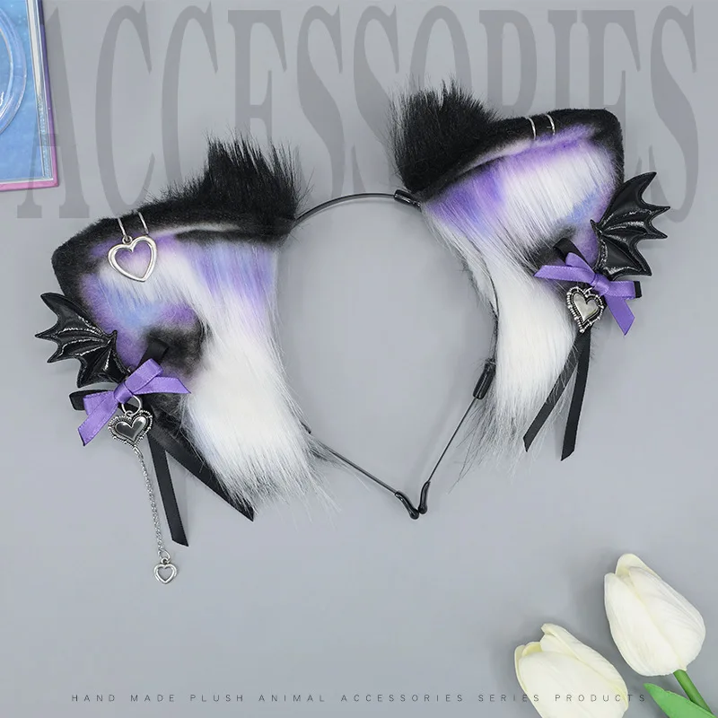 Tocado de felpa con orejas de gato para niña, diadema gótica de Lolita, accesorio de Cosplay del diablo de Halloween, tocado japonés Harajuku JK, color morado y negro