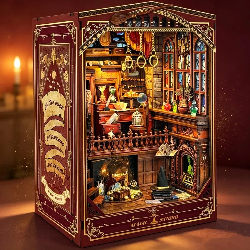 DIY Book Nook Shelf Insert Kit Magic Studio Bookend Miniature Dollhouse 3D Puzzle Assembly Model for Adults Birthday Gifts