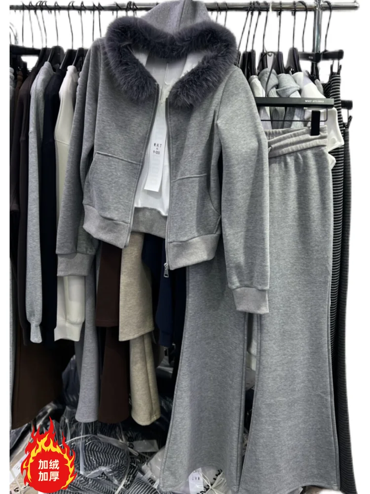 

Dongdaemun Hooded Sweatshirt Jacket Zipper Coat Loose Belted Long Pants Casual Suit Women Detachable Fur Collar Outfit