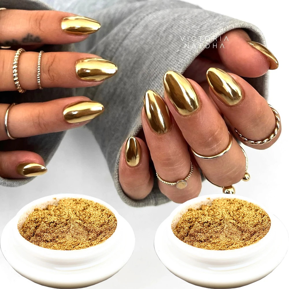 2 piezas Polvo de Cromo para Uñas Efecto Espejo Mágico Dorado y Plateado, Purpurina Metálica, Polvo Metálico Dorado Intenso para Uñas, Pigmento en Gel Brillante