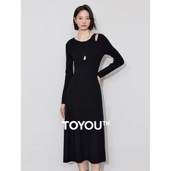 TOYOUTH Women Knitted Dress 2024 Autumn Winter New Elegant Style Off Shoulder Slim Waist Ankle Length Black Party Dress