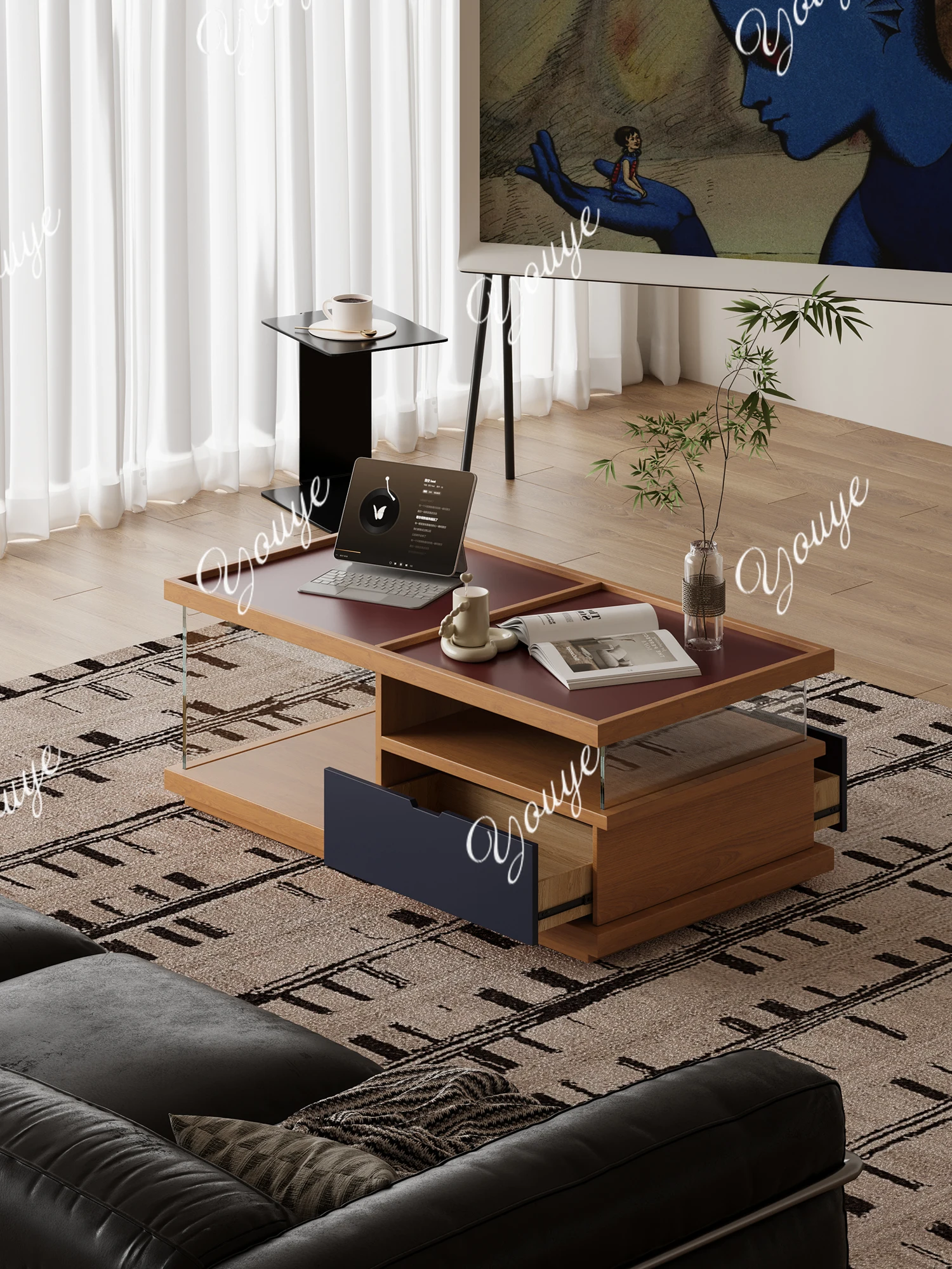 

Solid wood retro colored glass multi-grid coffee table household guest tea table sofa edge light luxury storage cabinet