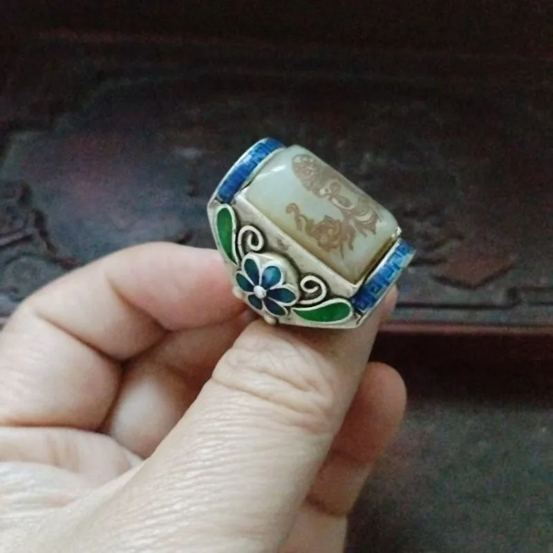 Vintage Collectible Old Silver Inlaid White Hetian Jade Guanyin Ring, Square Carved Unisex Ring with Antique Patina