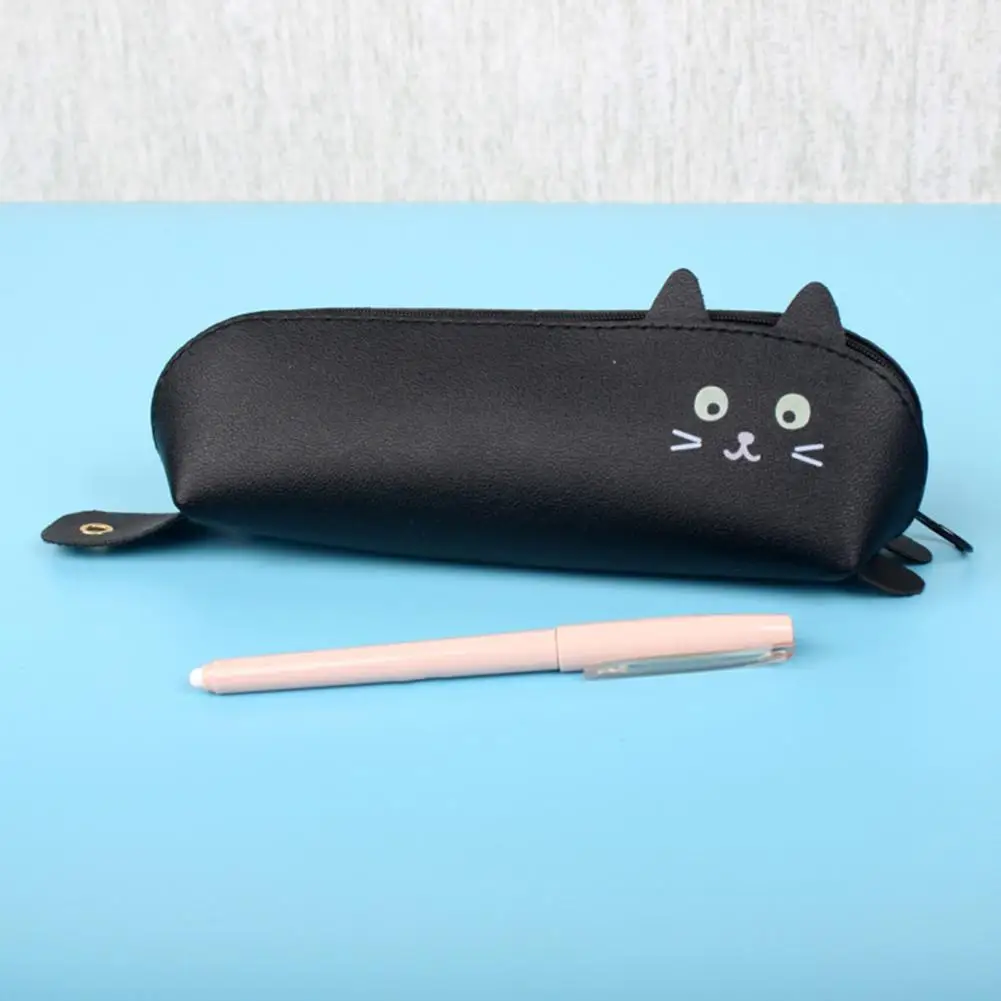 Cartoon Cat Pen Bag Faux Leather Zipper Portable Boys Girls Students Animal Shape Pencil Stationery Pouch Case School Supplies