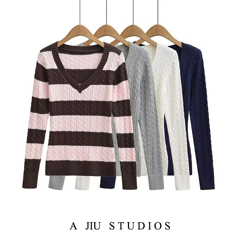 

American Retro V-Ne Color Blo Knitwear Women's Spring Waist-Cinching Slimming Versatile Overhead Sweater Casual Sle