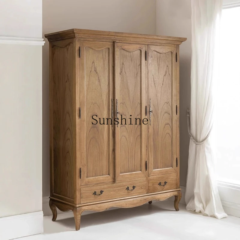 

American country bedroom solid wood wardrobe retro old three doors opposite door storage