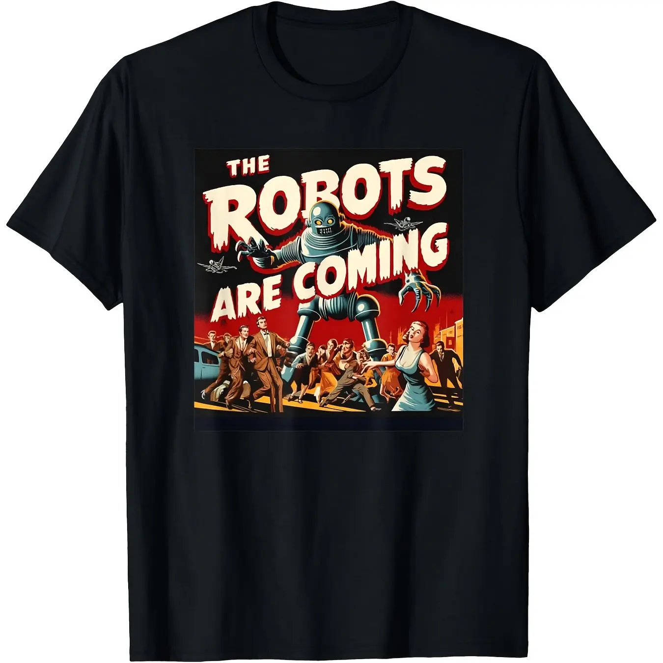 Retro 1950s Robot Horror Print T-shirt for Men and Women, 100% Cotton, featuring retro robot and crowd prints  shirts for men
