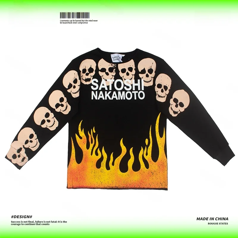 Retro Vintage Long Sleeve T-Shirt Printed Distressed Fire Skull Loose Fit Hip Hop Streetwear Casual Cotton round Neck Tee