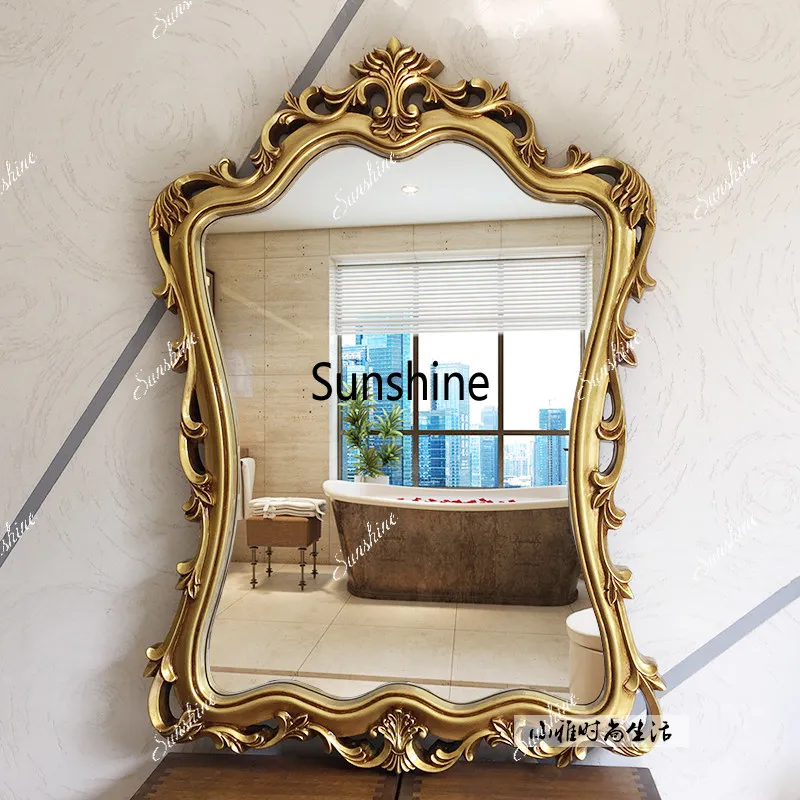 European retro bathroom mirror wall hanging carving light luxury simple modern