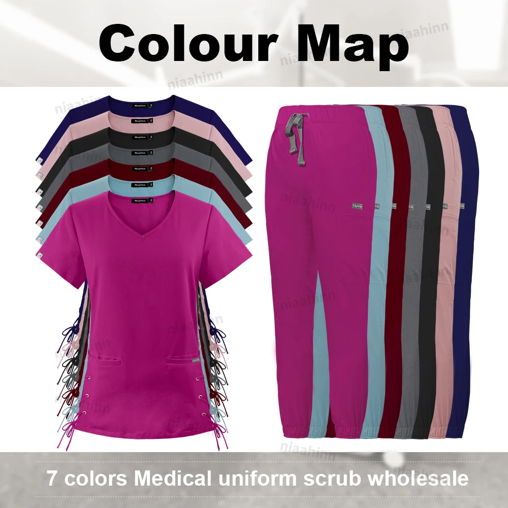 Fashionable V-neck Short Sleeved Top+pants Medical Scrub Two-piece Set Hospital Nursing Cleaning Scrubs Women Veterinary Uniform