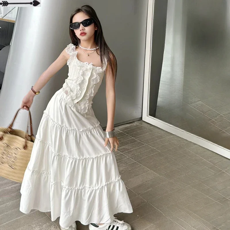 

Teen Girls Summer Clothes Set White Elegant Lace Sling Tops Skirt Two-piece 2024 New Kids Beach Holiday Outfits 8 10 12 13 Years