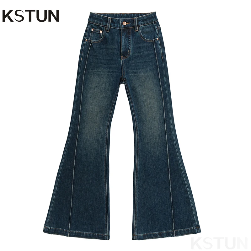 

KSTUN Women High Waist Bell Bottom Jeans Dark Blue Office Lady Flared Pants Patchwork Stripes Stretchy Vintage Casual Trousers