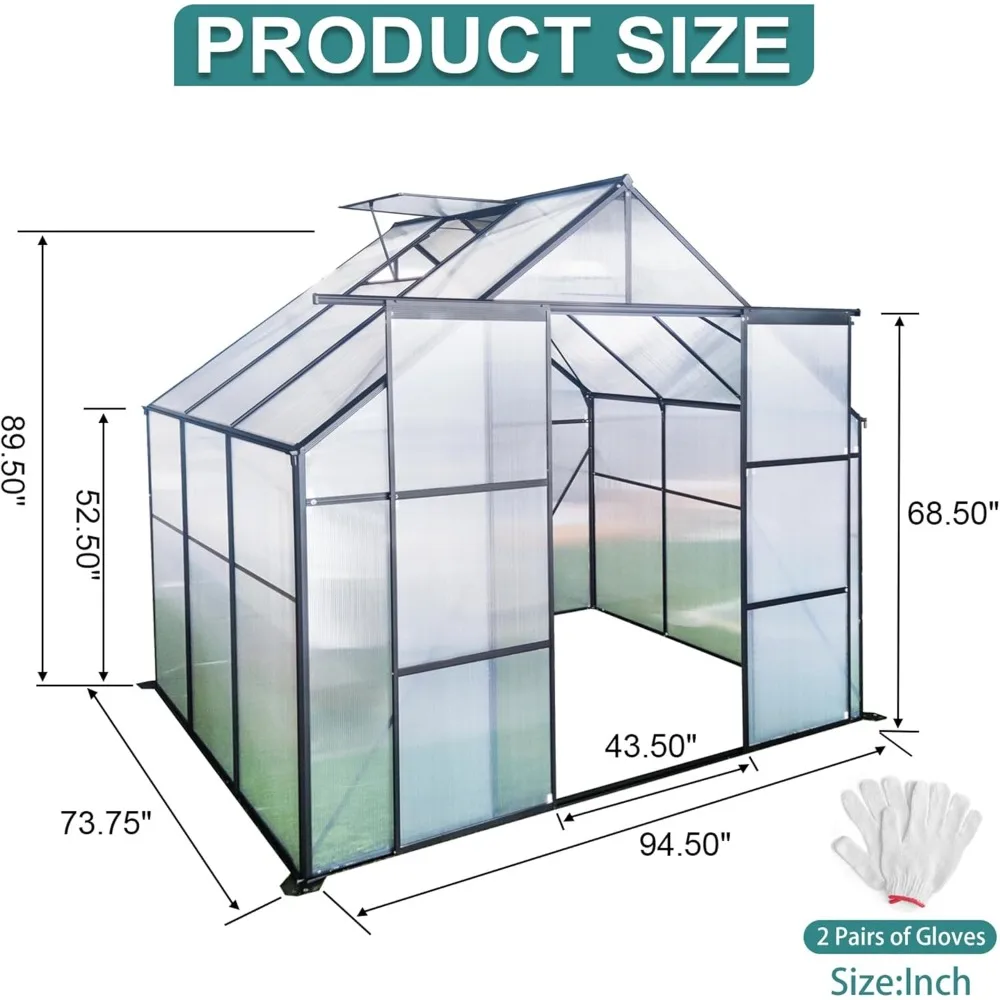 8x6 FT Greenhouse with Adjustable Roof Vent, Double Sliding Doors, Outdoor Heavy Duty Aluminum Polycarbonate Greenhouse