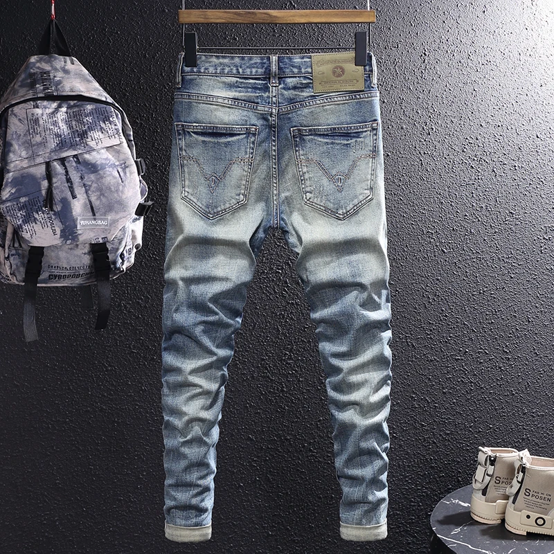 Italian Style Fashion Men Jeans High Quality Retro Blue Slim Fit Vintage Jeans Men Casual Trousers Designer Denim Pants Hombre