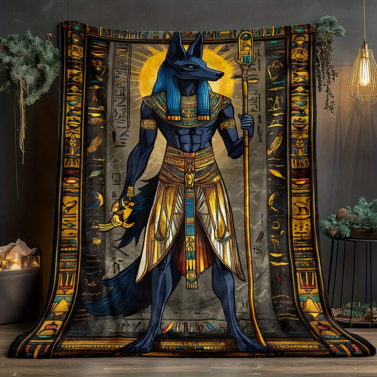 Ancient Egyptian Elements Themed Digital Print Flannel Blanket - 100% Fiber, Suitable for All Seasons, Light and Warm, Adaptable